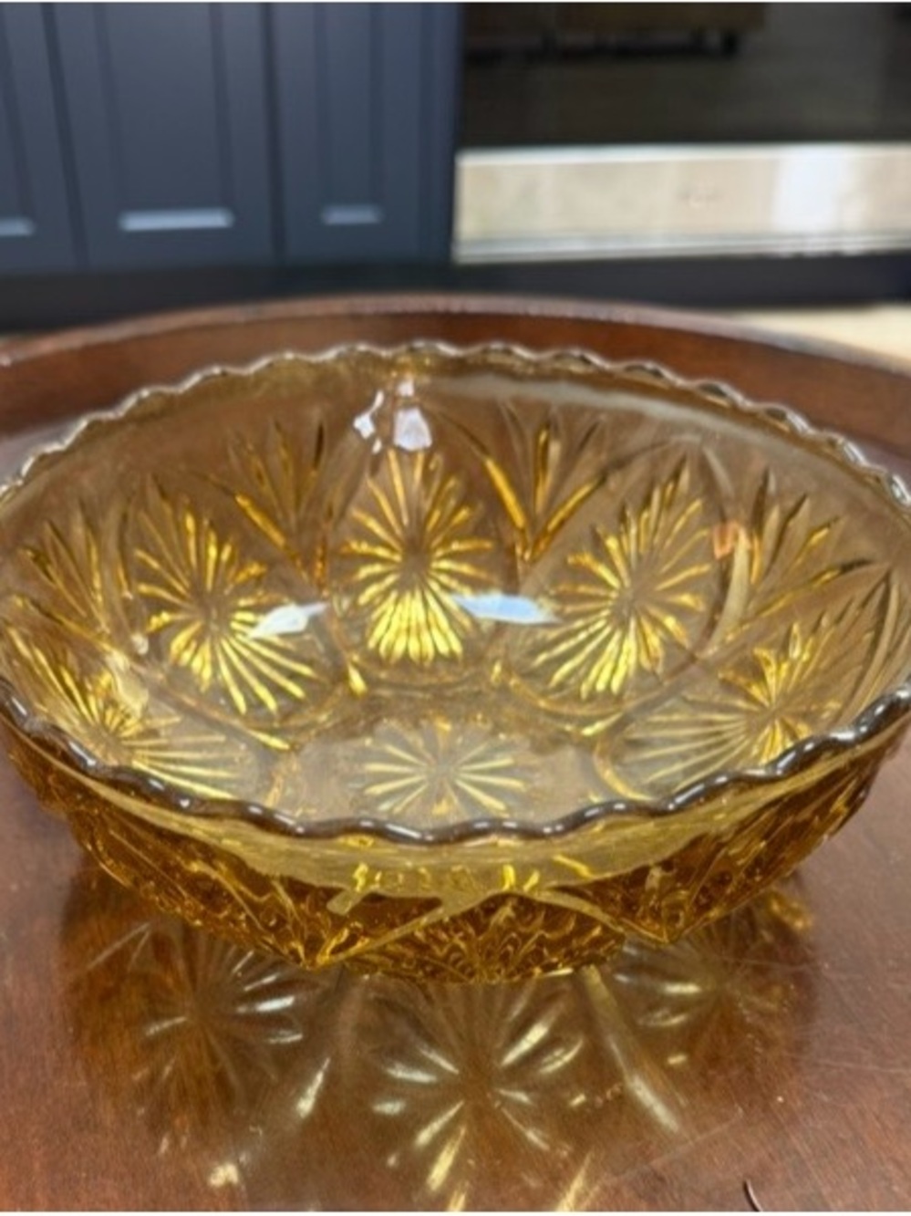 Amber Pressed Glass Serving Bowl - Starburst Pattern